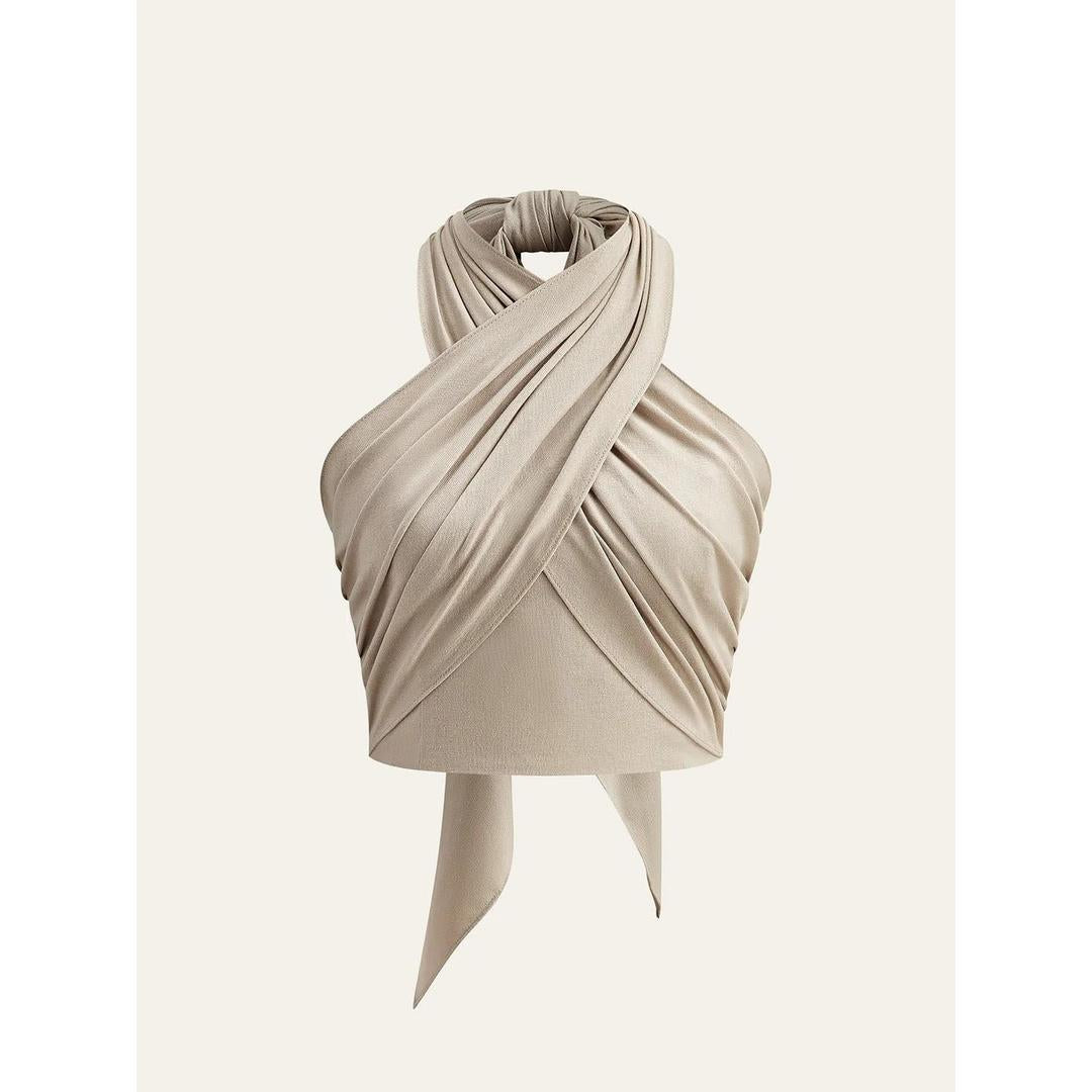 Women Solid Crisscross Halter Neck Sleeveless Crop Top