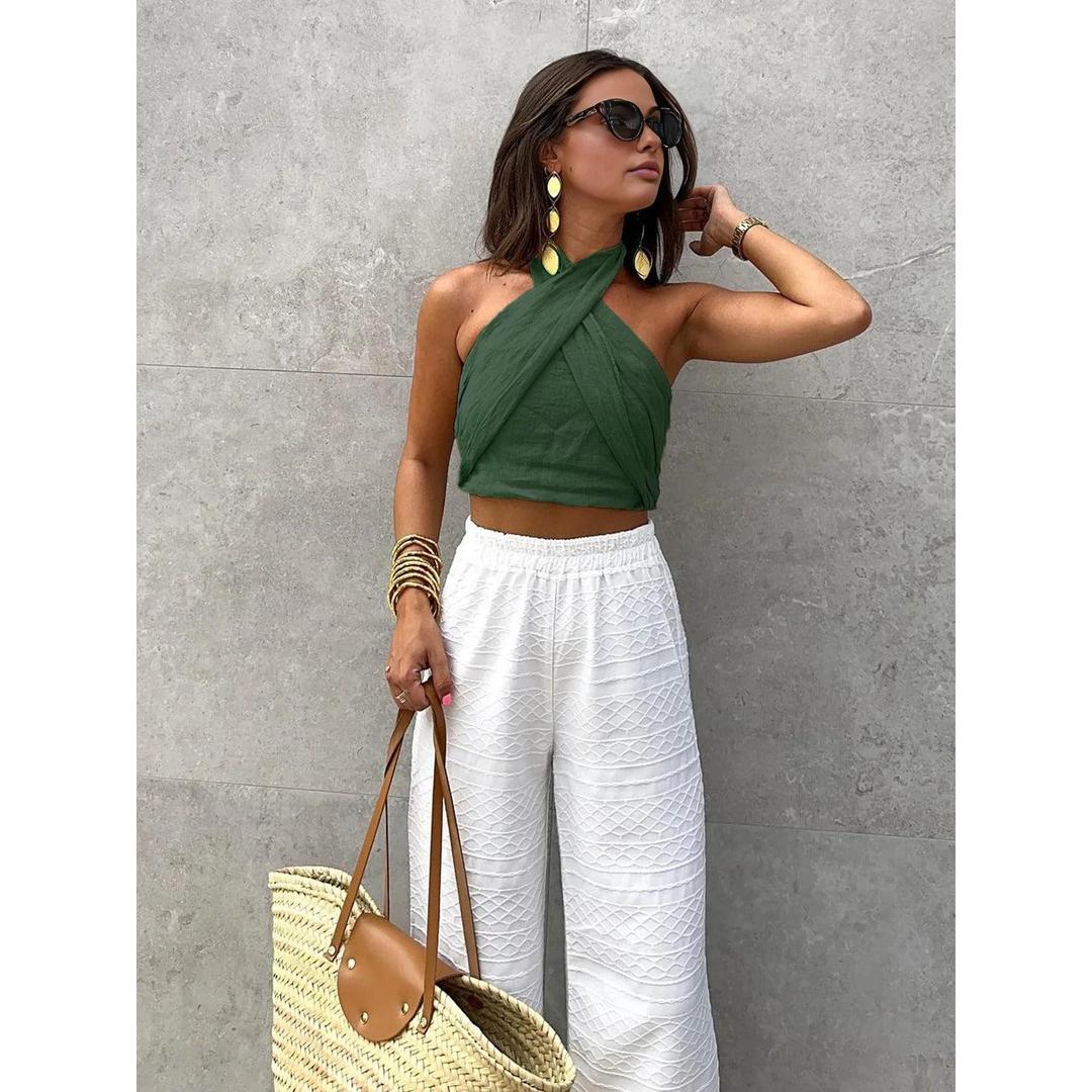 Women Solid Crisscross Halter Neck Sleeveless Crop Top