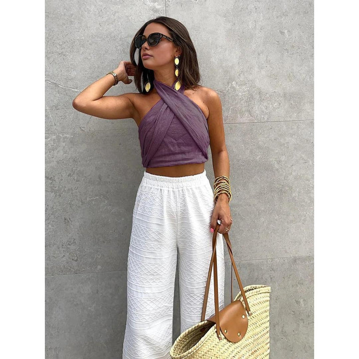 Women Solid Crisscross Halter Neck Sleeveless Crop Top