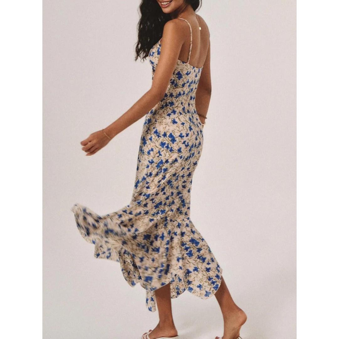 Women Floral Print Knotted Irregular Hem Sleeveless Long Dress