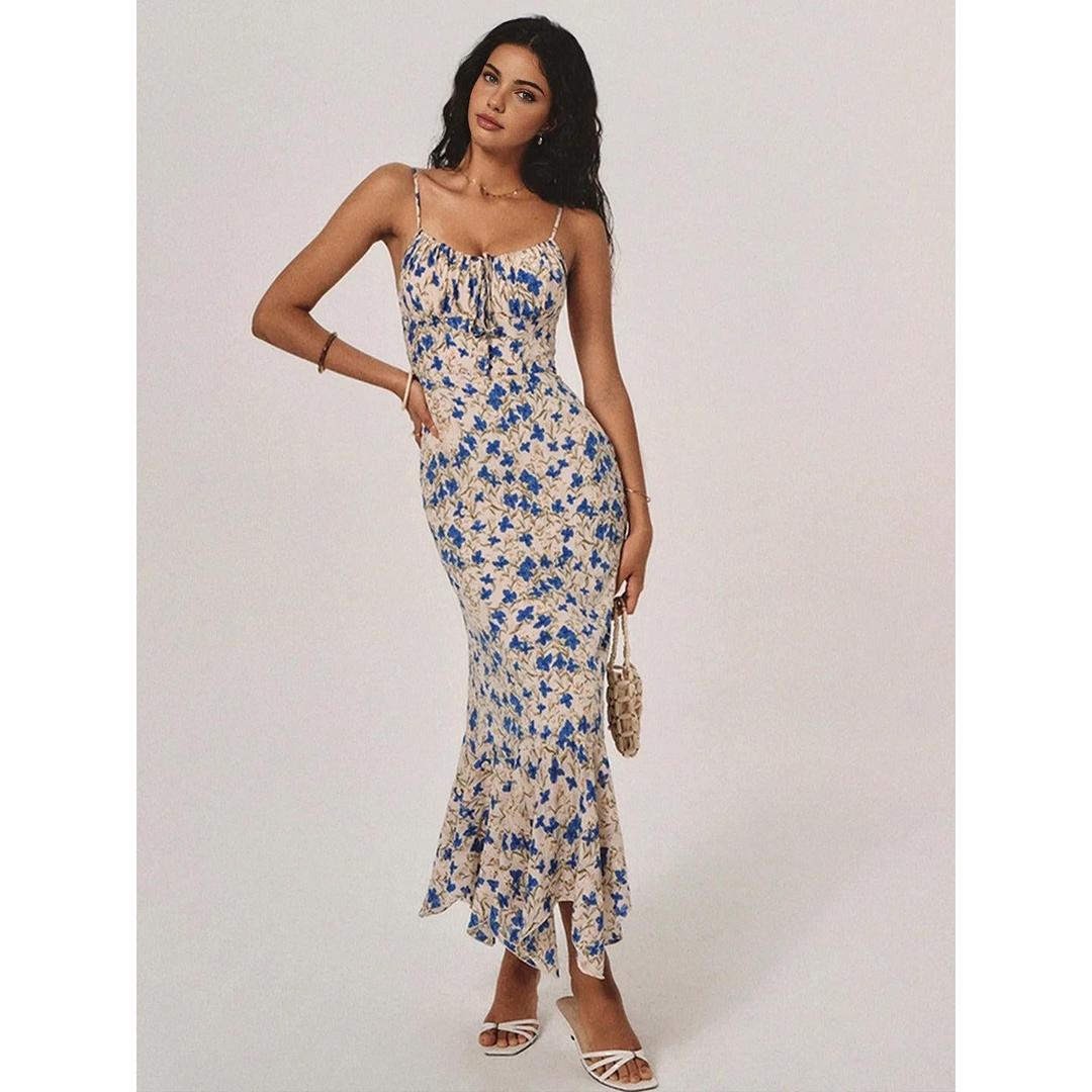 Women Floral Print Knotted Irregular Hem Sleeveless Long Dress