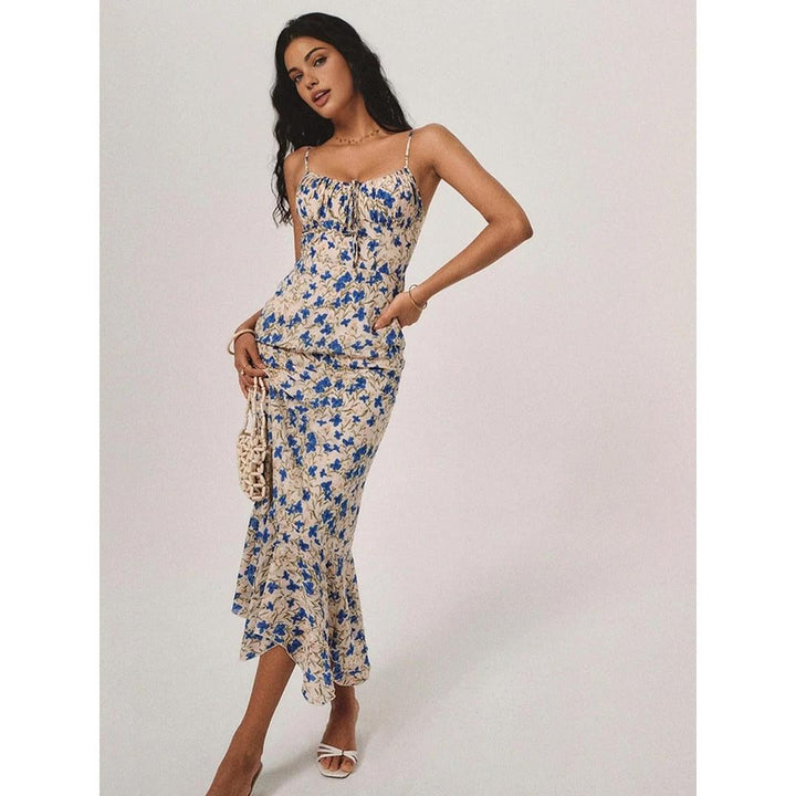 Women Floral Print Knotted Irregular Hem Sleeveless Long Dress