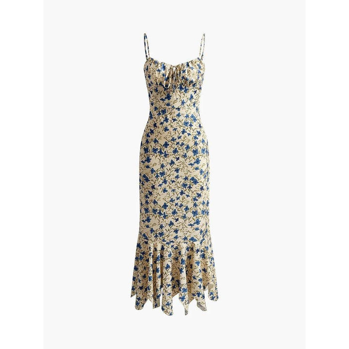Women Floral Print Knotted Irregular Hem Sleeveless Long Dress