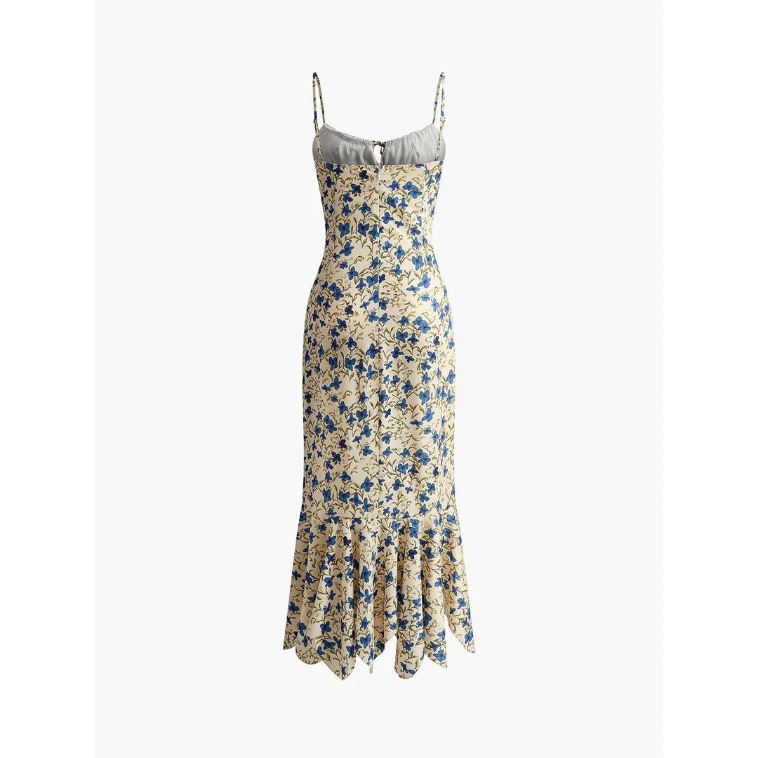 Women Floral Print Knotted Irregular Hem Sleeveless Long Dress