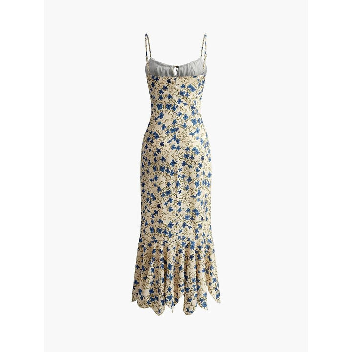 Women Floral Print Knotted Irregular Hem Sleeveless Long Dress
