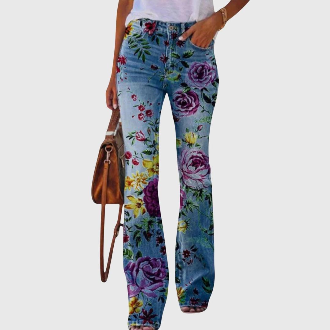 Women Floral Print Flared Jeans Denim