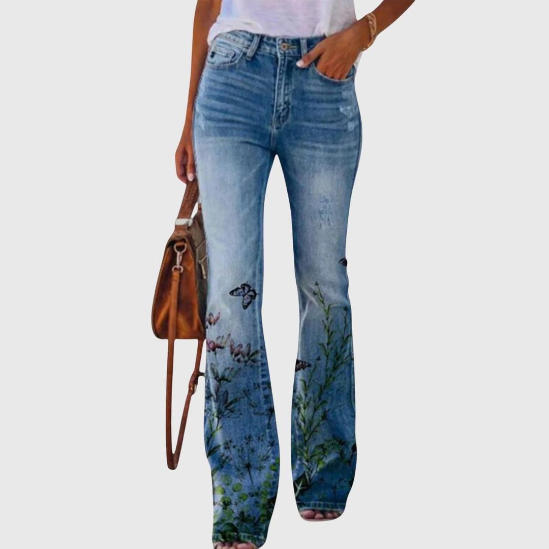 Women Floral Print Flared Jeans Denim