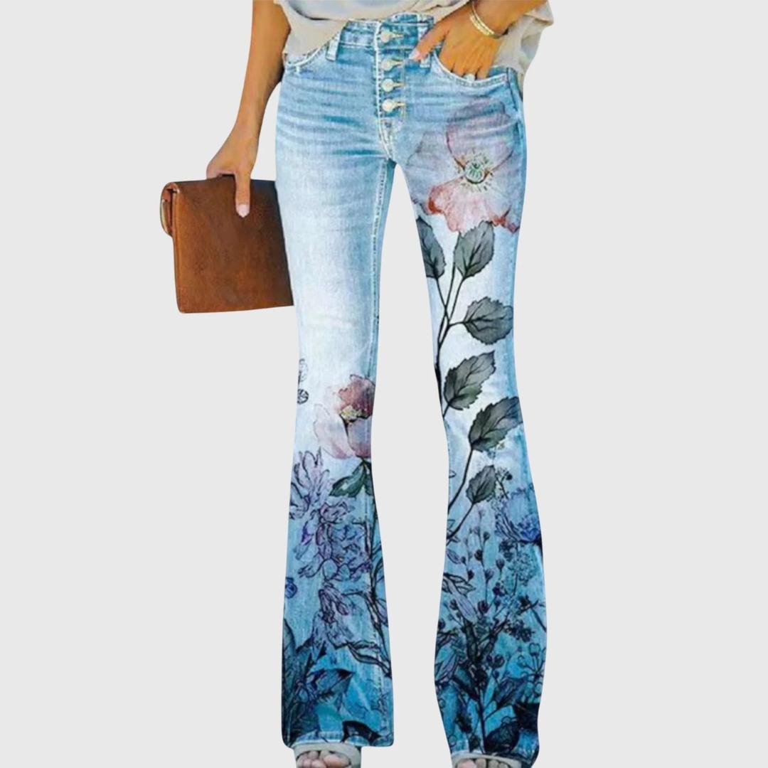 Women Floral Print Flared Jeans Denim