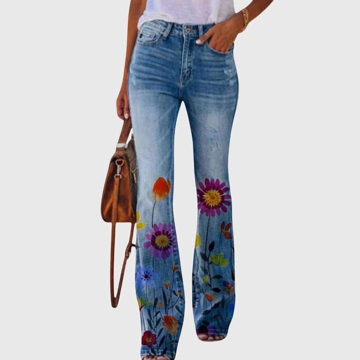 Women Floral Print Flared Jeans Denim