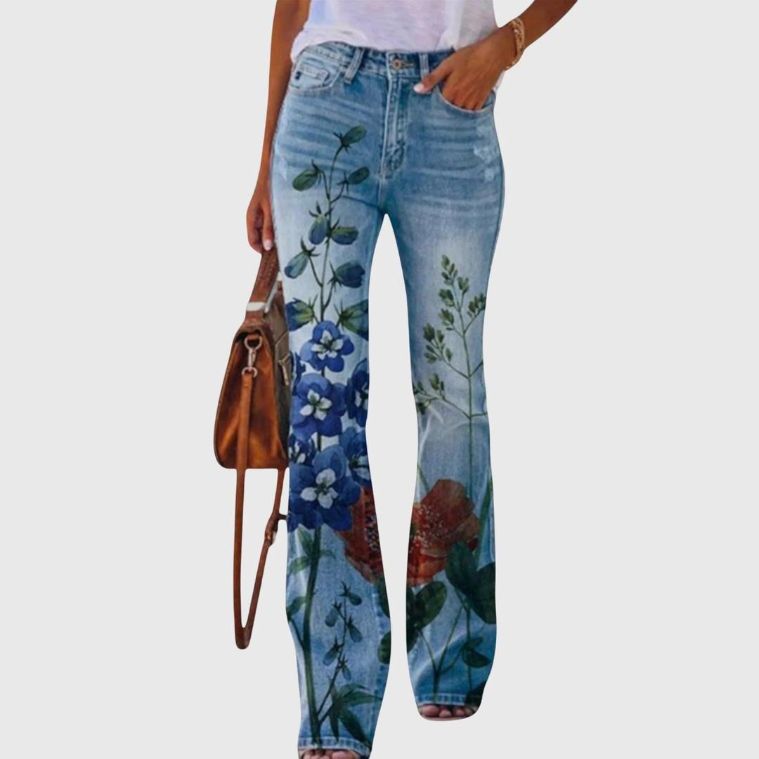 Women Floral Print Flared Jeans Denim