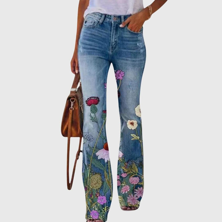 Women Floral Print Flared Jeans Denim