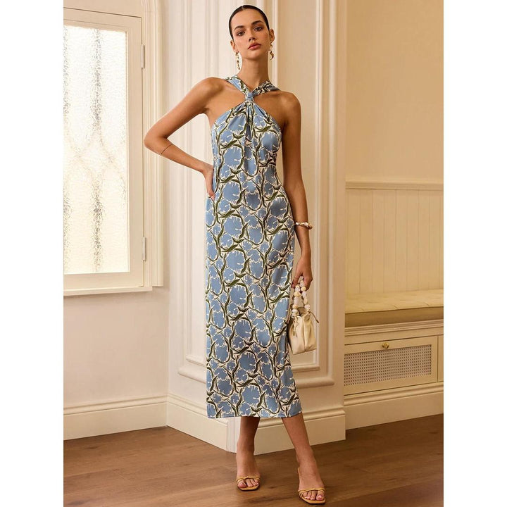 Women Halter Neck Floral Print Sleeveless Midi Dress