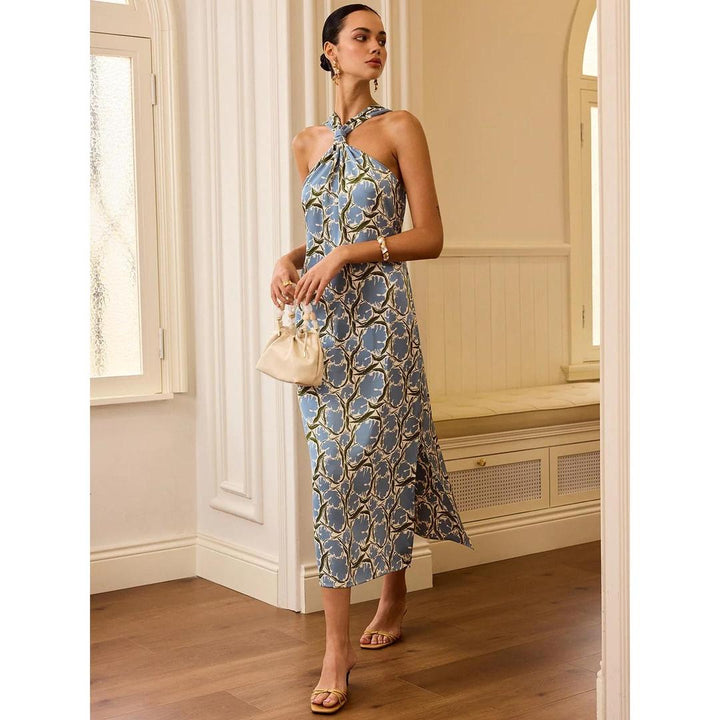 Women Halter Neck Floral Print Sleeveless Midi Dress