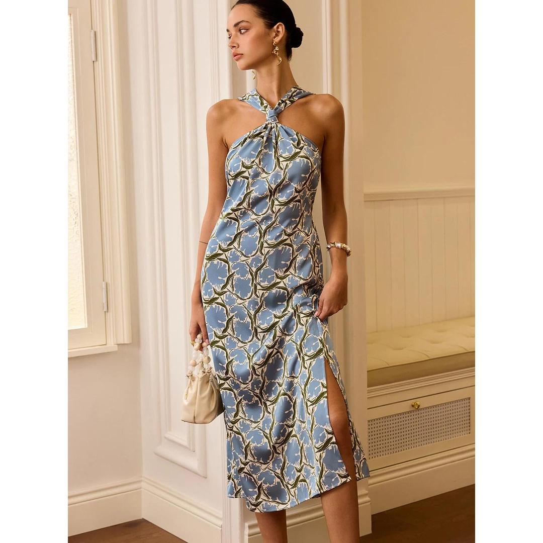 Women Halter Neck Floral Print Sleeveless Midi Dress