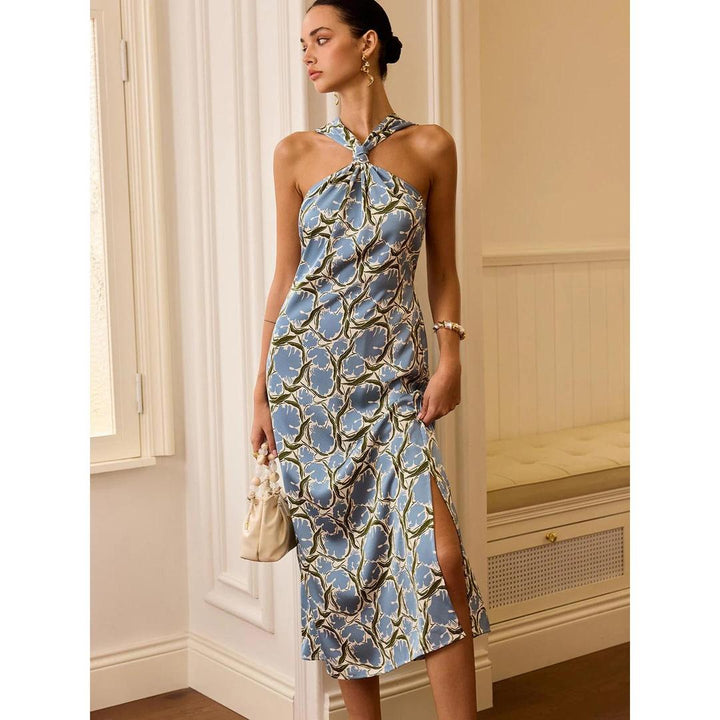 Women Halter Neck Floral Print Sleeveless Midi Dress