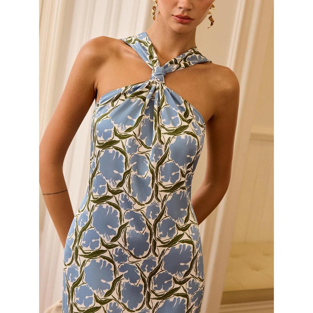 Women Halter Neck Floral Print Sleeveless Midi Dress