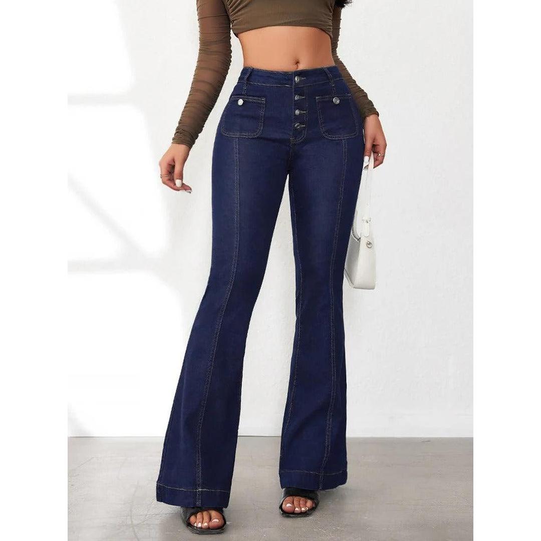 Women Jeans High Waist Buttoned Bell Bottom