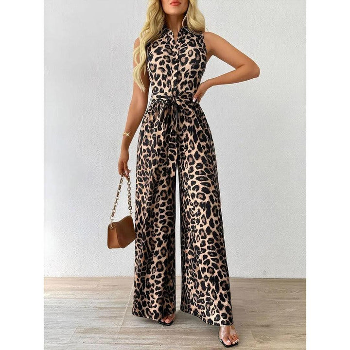 Women Jumpsuit Leopard Print Sleeveless Wide Leg
