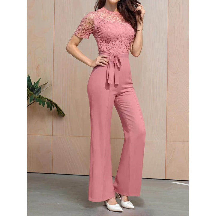 Women Lace Short Sleeve High Waist Straight Leg Jumpsuit