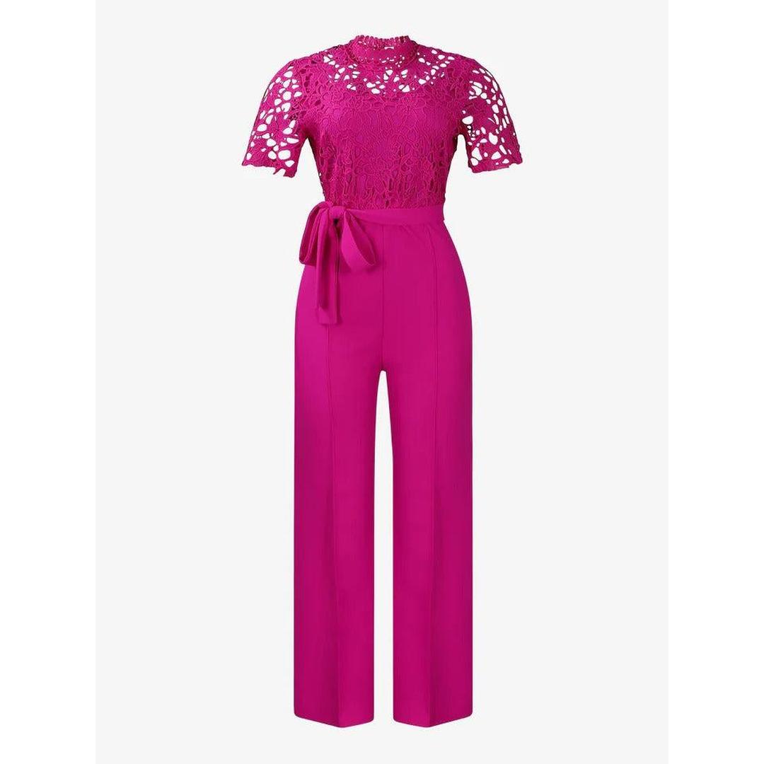 Women Lace Short Sleeve High Waist Straight Leg Jumpsuit