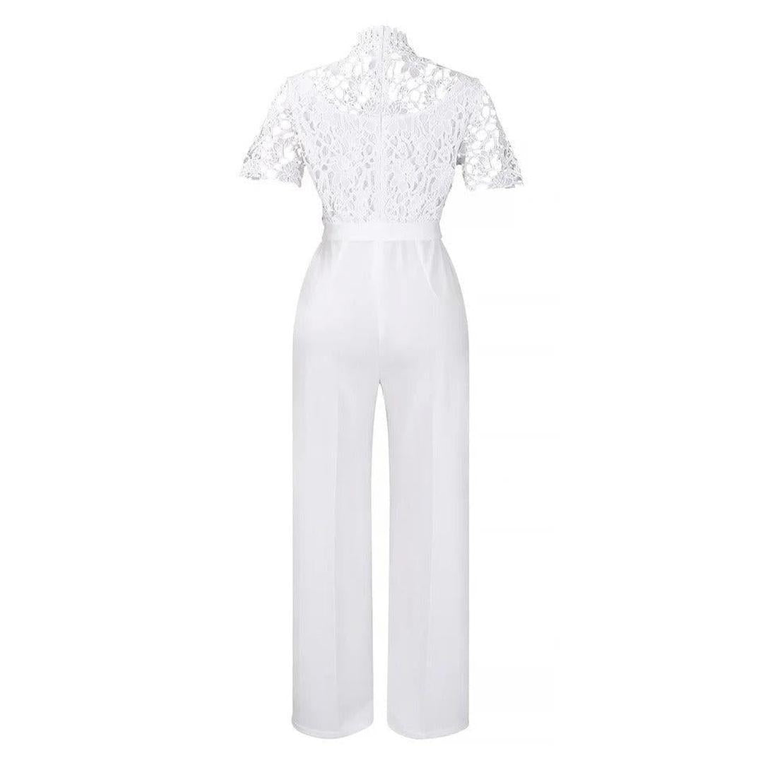 Women Lace Short Sleeve High Waist Straight Leg Jumpsuit