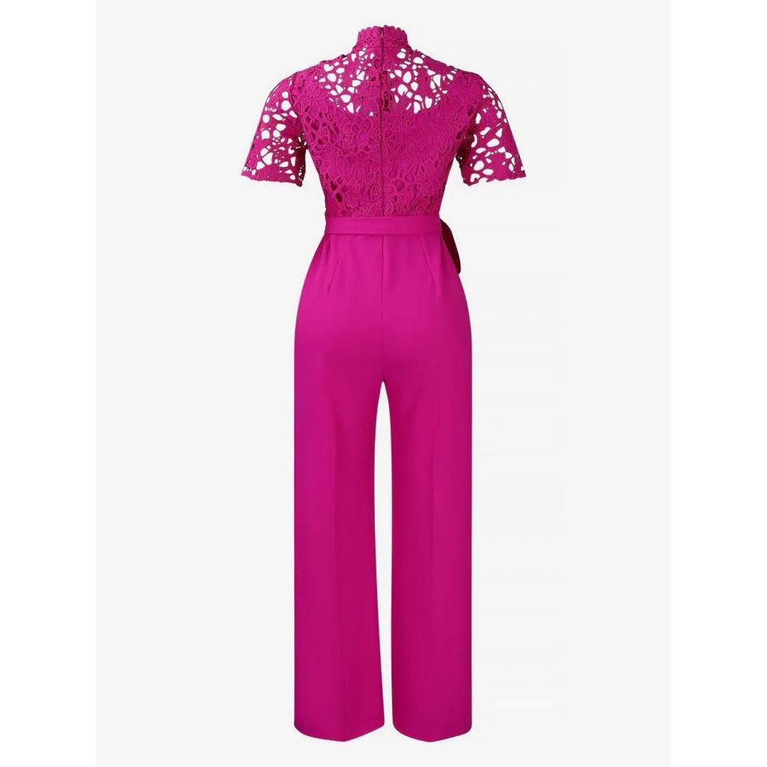 Women Lace Short Sleeve High Waist Straight Leg Jumpsuit