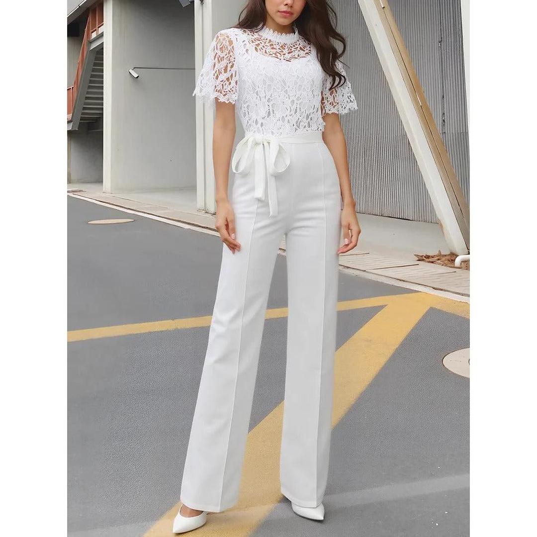 Women Lace Short Sleeve High Waist Straight Leg Jumpsuit