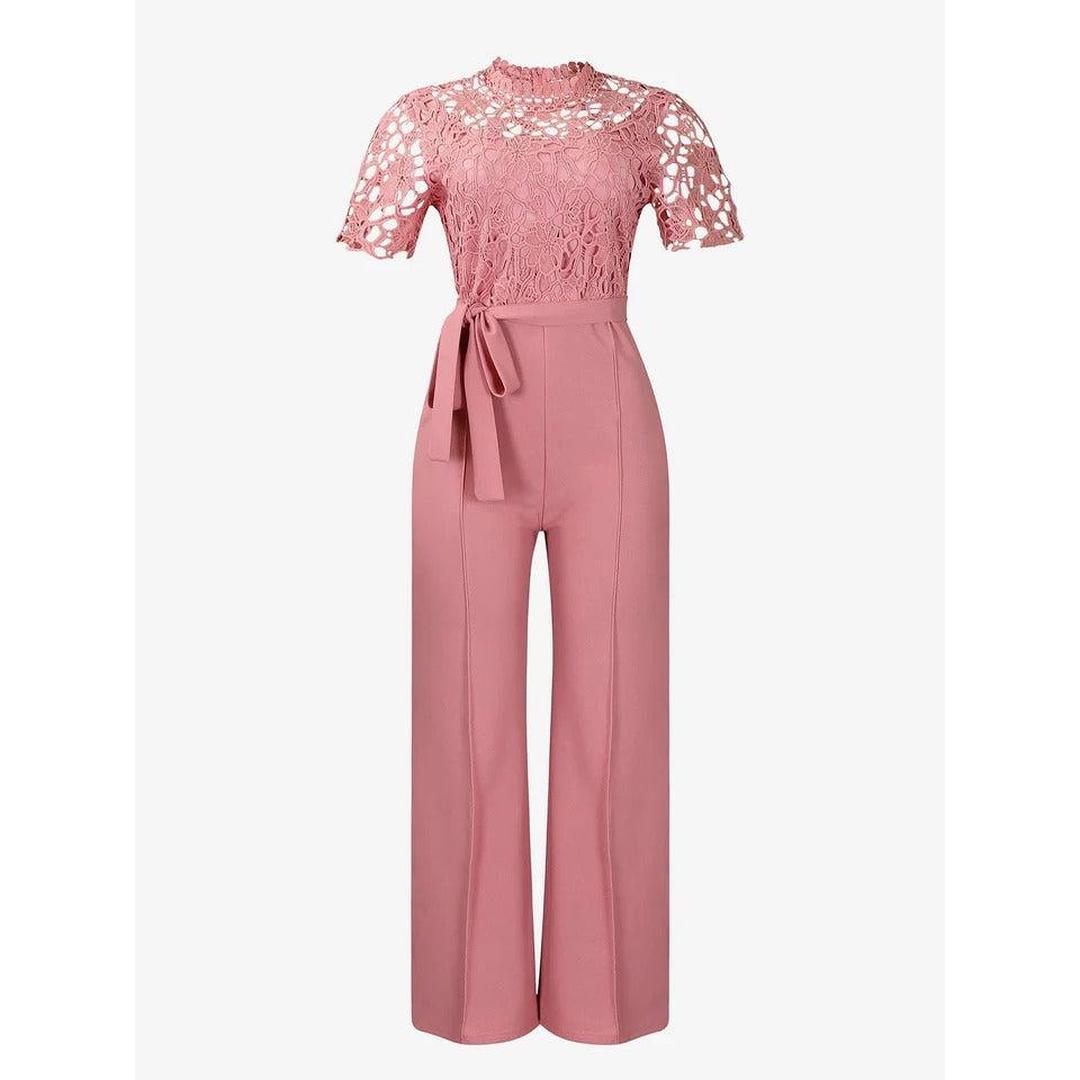 Women Lace Short Sleeve High Waist Straight Leg Jumpsuit