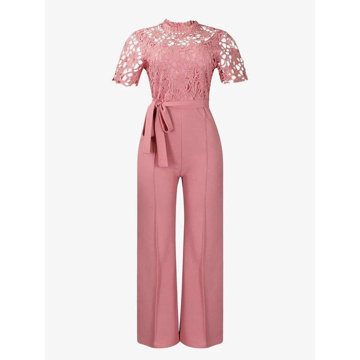 Women Lace Short Sleeve High Waist Straight Leg Jumpsuit