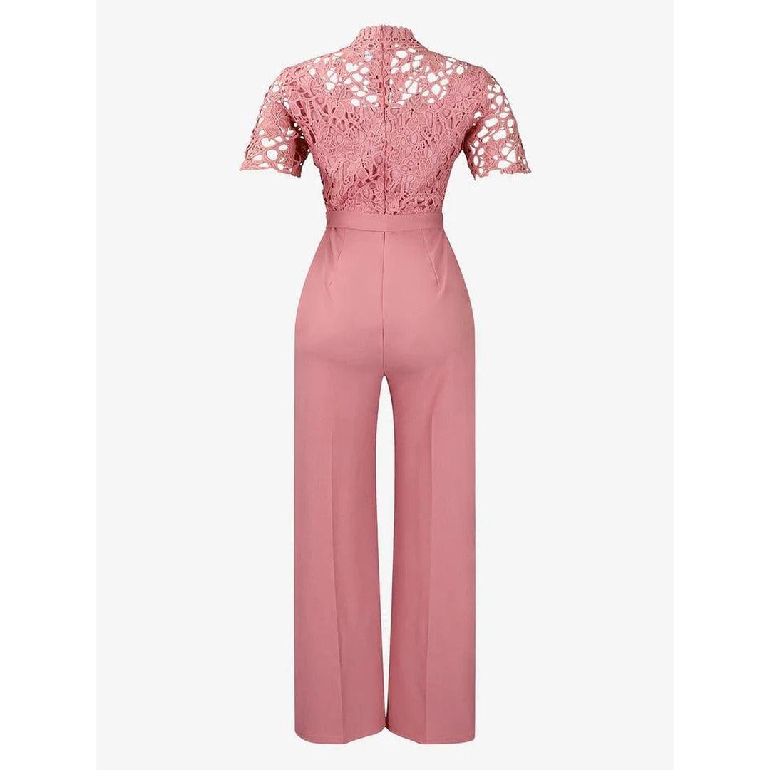 Women Lace Short Sleeve High Waist Straight Leg Jumpsuit