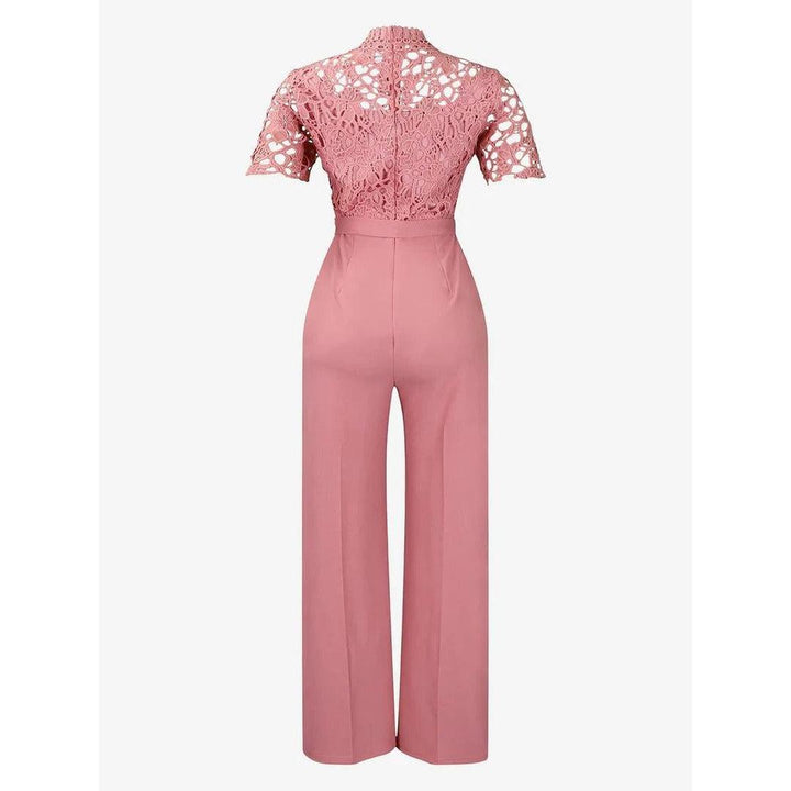 Women Lace Short Sleeve High Waist Straight Leg Jumpsuit