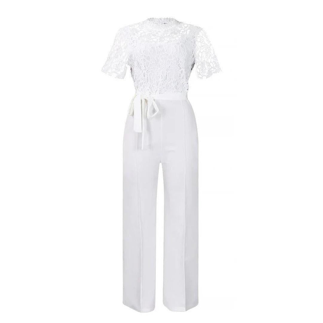 Women Lace Short Sleeve High Waist Straight Leg Jumpsuit
