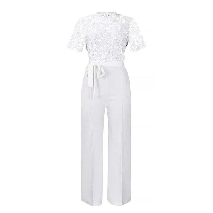 Women Lace Short Sleeve High Waist Straight Leg Jumpsuit