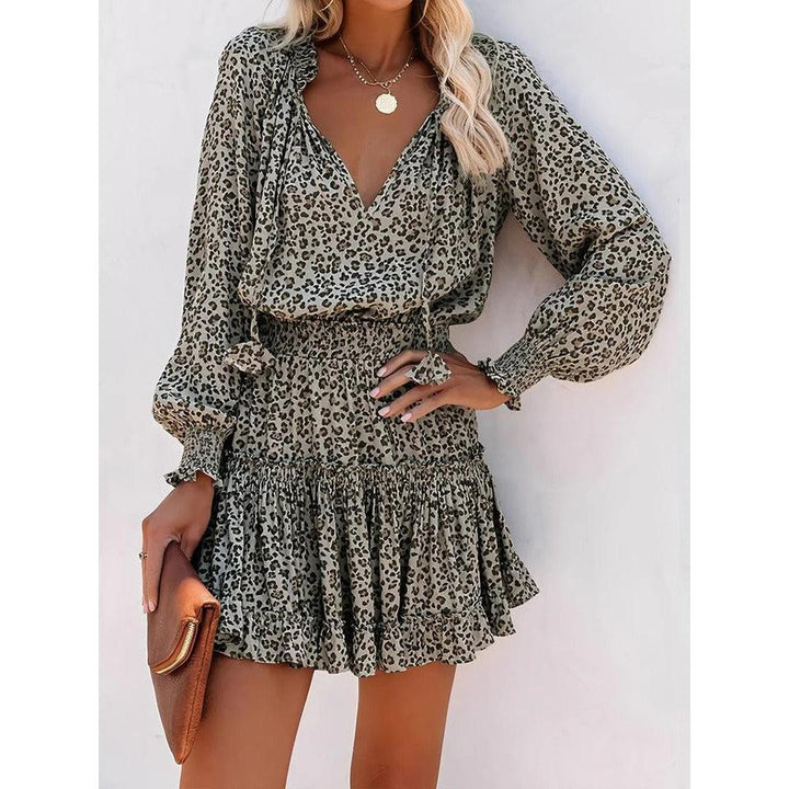 Women Leopard Print V-Neck Smocked Ruffled Tiered Mini Dress