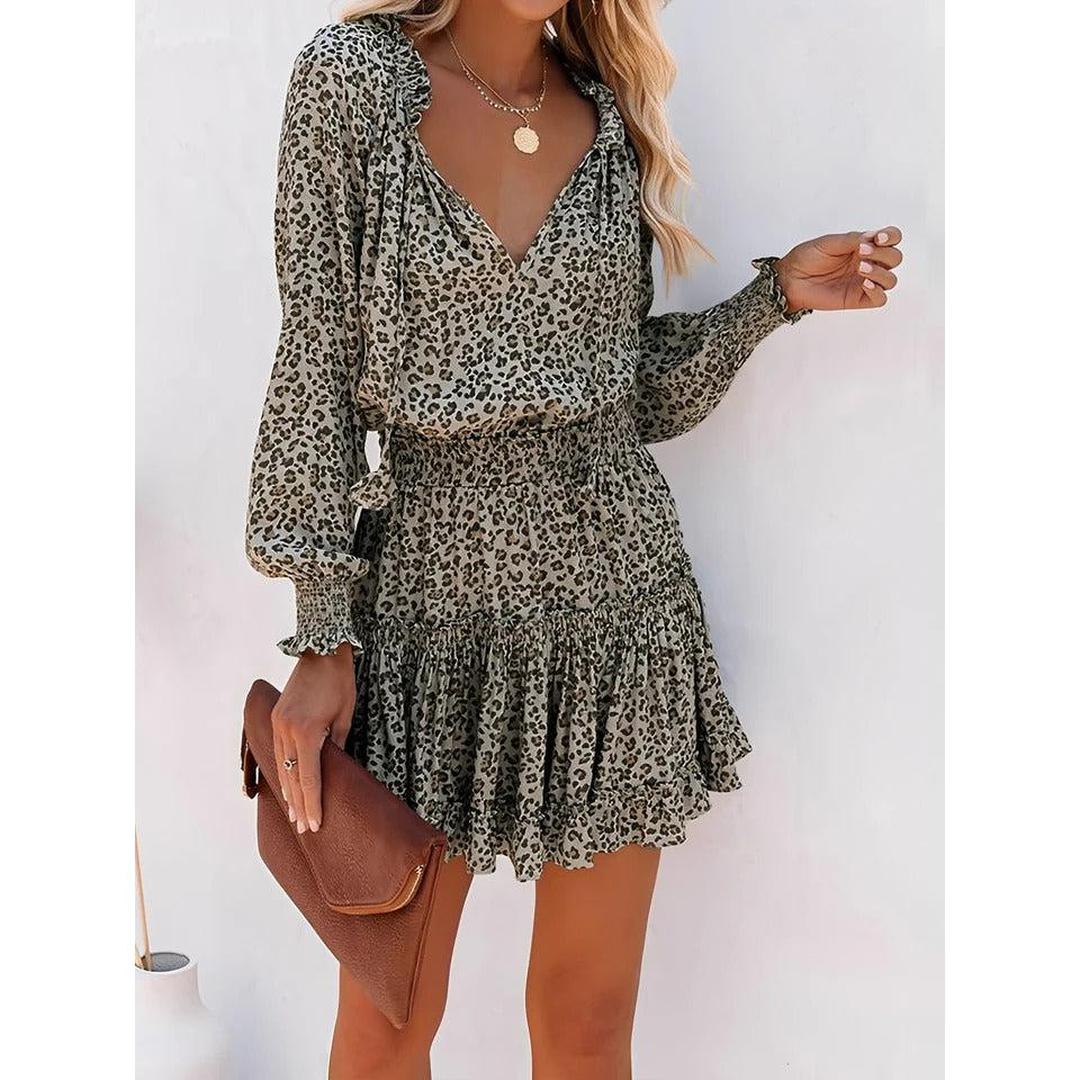 Women Leopard Print V-Neck Smocked Ruffled Tiered Mini Dress