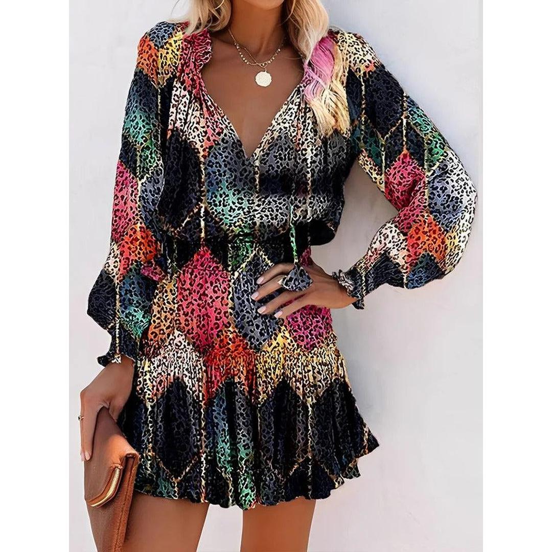 Women Leopard Print V-Neck Smocked Ruffled Tiered Mini Dress
