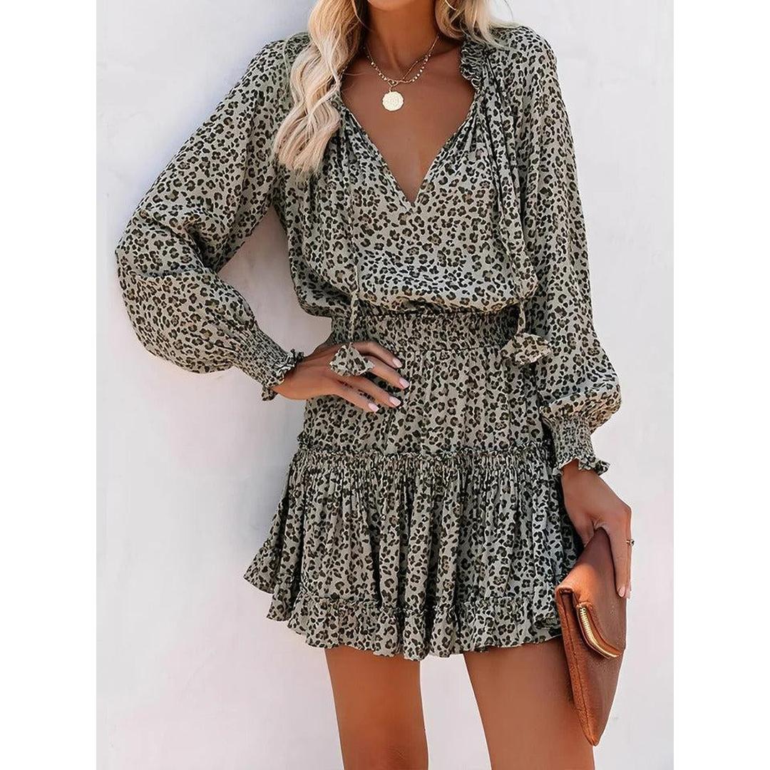 Women Leopard Print V-Neck Smocked Ruffled Tiered Mini Dress