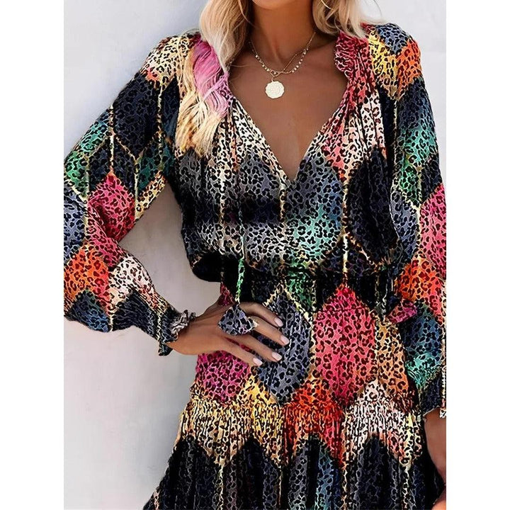 Women Leopard Print V-Neck Smocked Ruffled Tiered Mini Dress