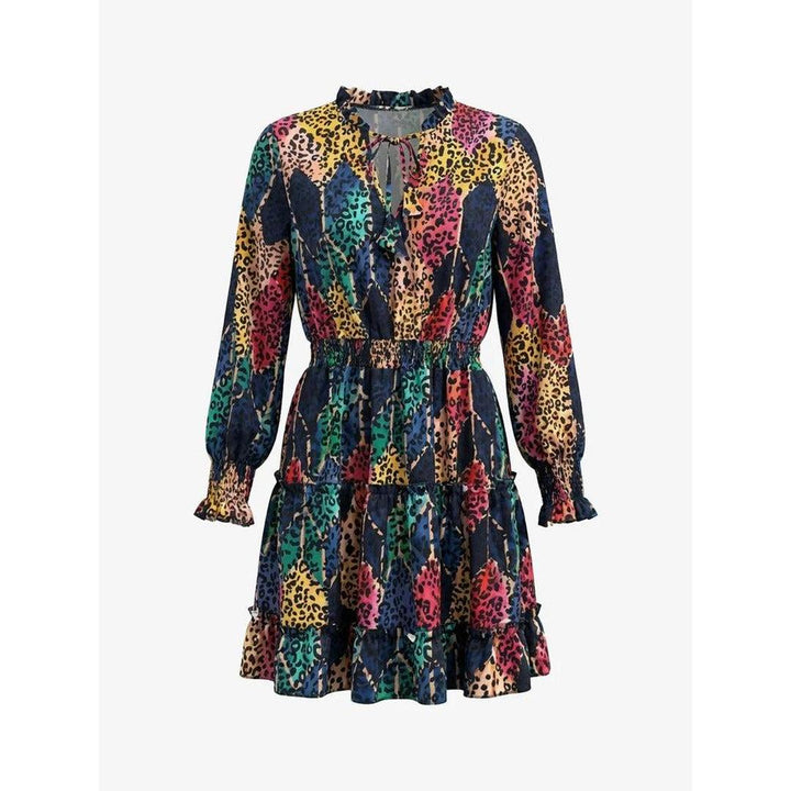 Women Leopard Print V-Neck Smocked Ruffled Tiered Mini Dress
