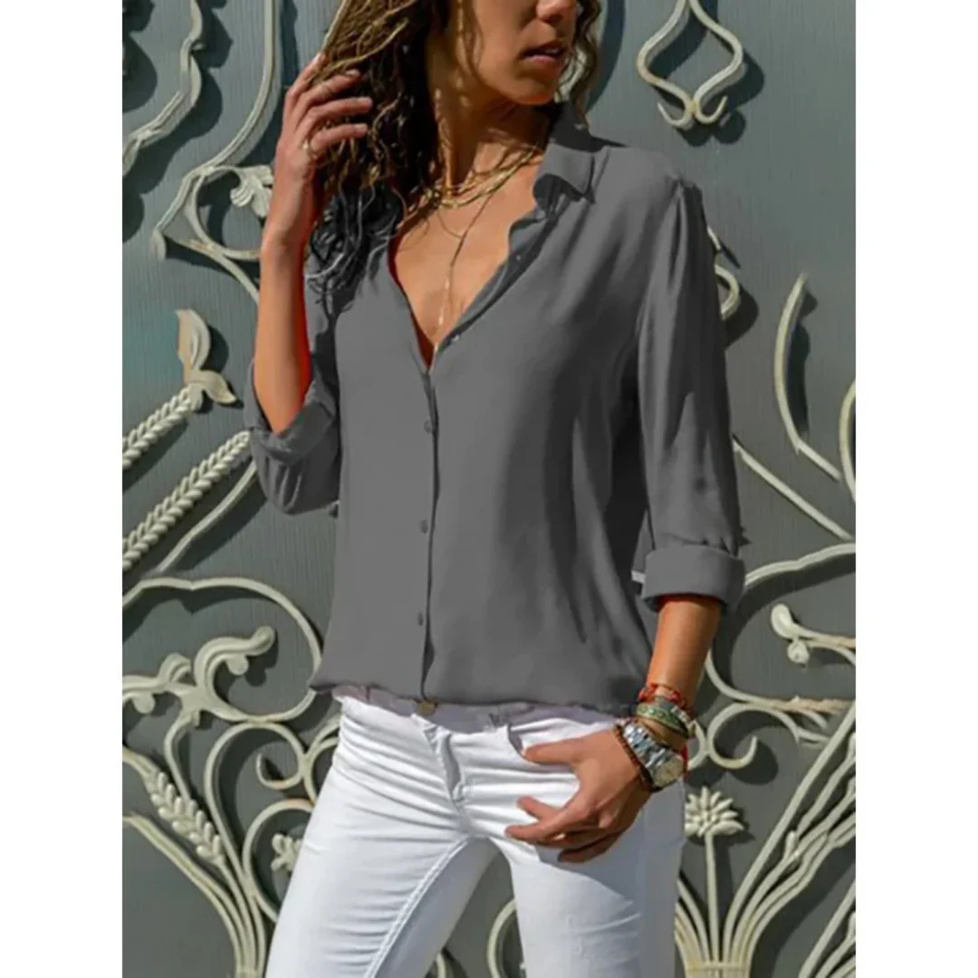 Women Long Sleeve Shirt Button Front Collared