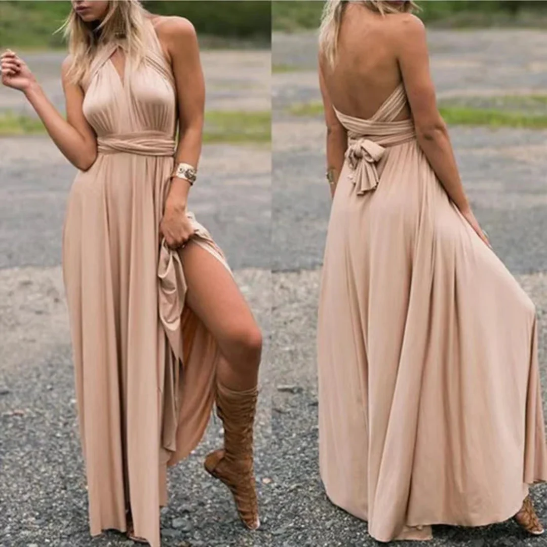 Women Maxi Dress Sleeveless Deep V Neck Cross Back