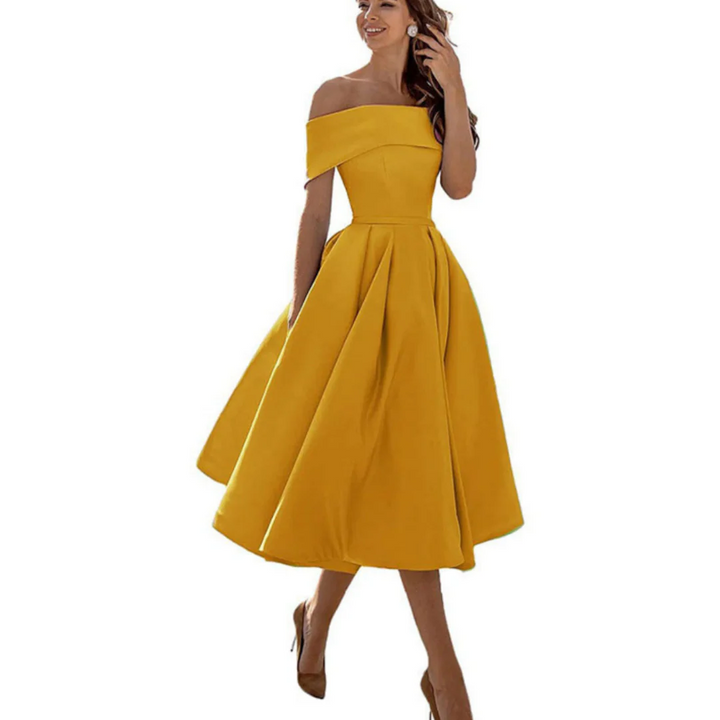 Women Off Shoulder Midi Dress Flared Skirt