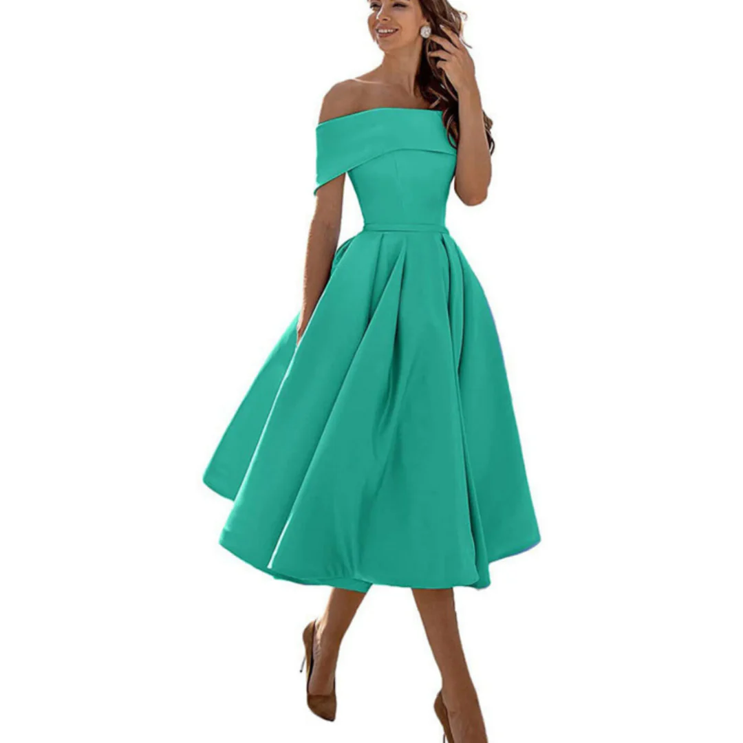 Women Off Shoulder Midi Dress Flared Skirt