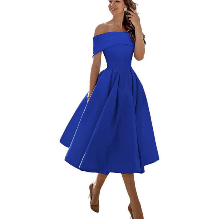 Women Off Shoulder Midi Dress Flared Skirt