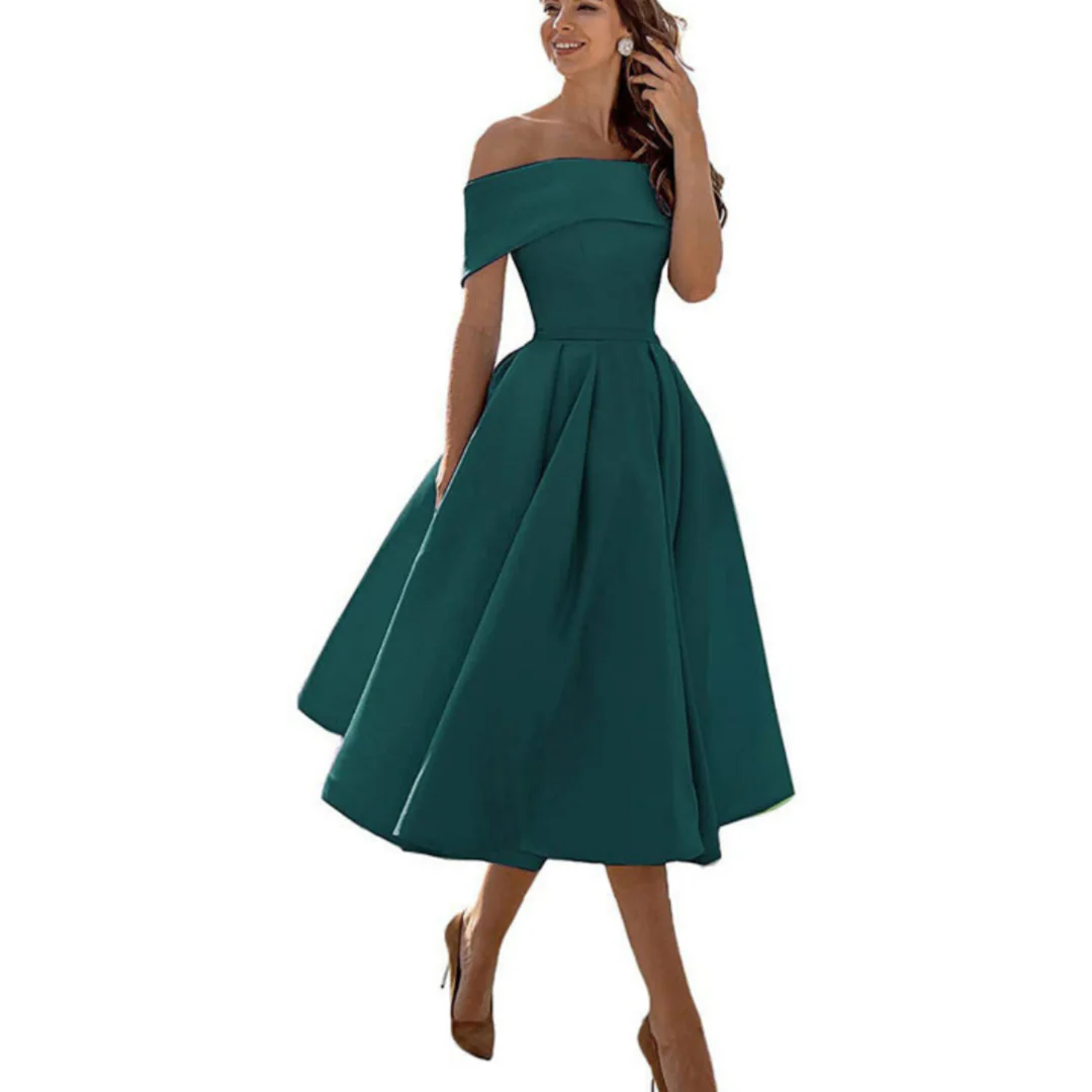 Women Off Shoulder Midi Dress Flared Skirt