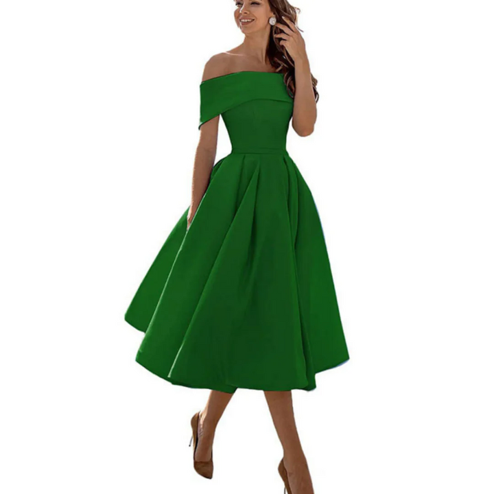 Women Off Shoulder Midi Dress Flared Skirt