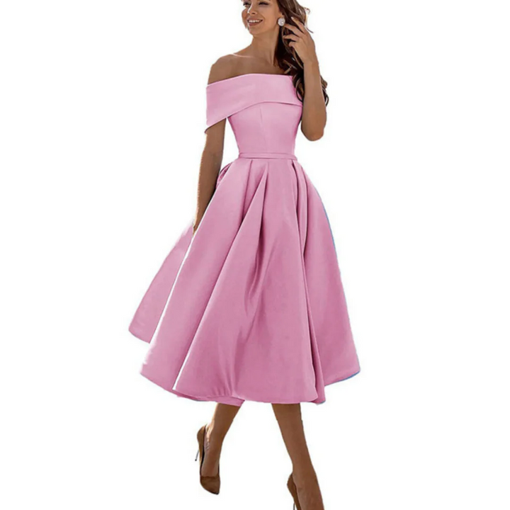 Women Off Shoulder Midi Dress Flared Skirt
