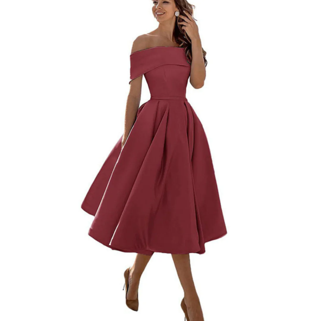 Women Off Shoulder Midi Dress Flared Skirt