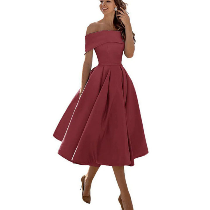 Women Off Shoulder Midi Dress Flared Skirt