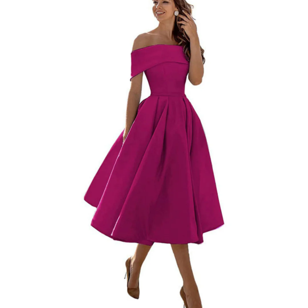 Women Off Shoulder Midi Dress Flared Skirt